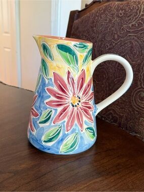 VTG Colorful Rustic Folk-art Design Hand-painted Ceramic Pitcher Portugal 8.5”H